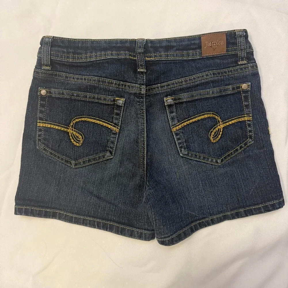Justice Girls 14R Denim Shorts Dark Wash Embroidered Heart Stretch SCHOOL COMFY